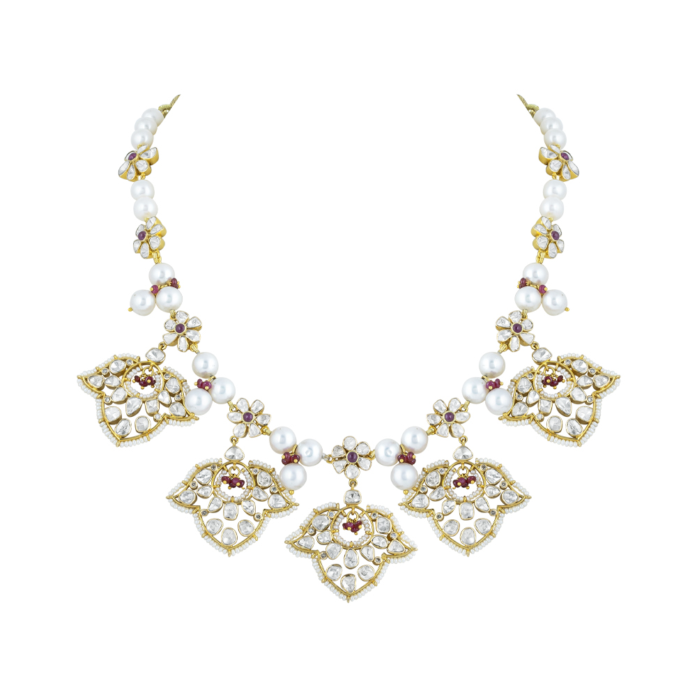 Polki Necklace with Red Floral Motifs & Pearls